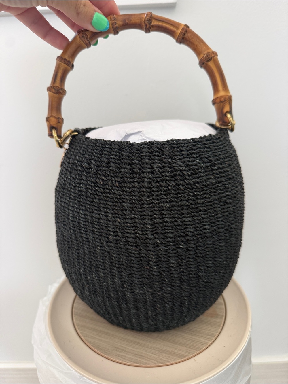 Clare V Pot de Miel Black Woven Bamboo-Handle Tote Bag
